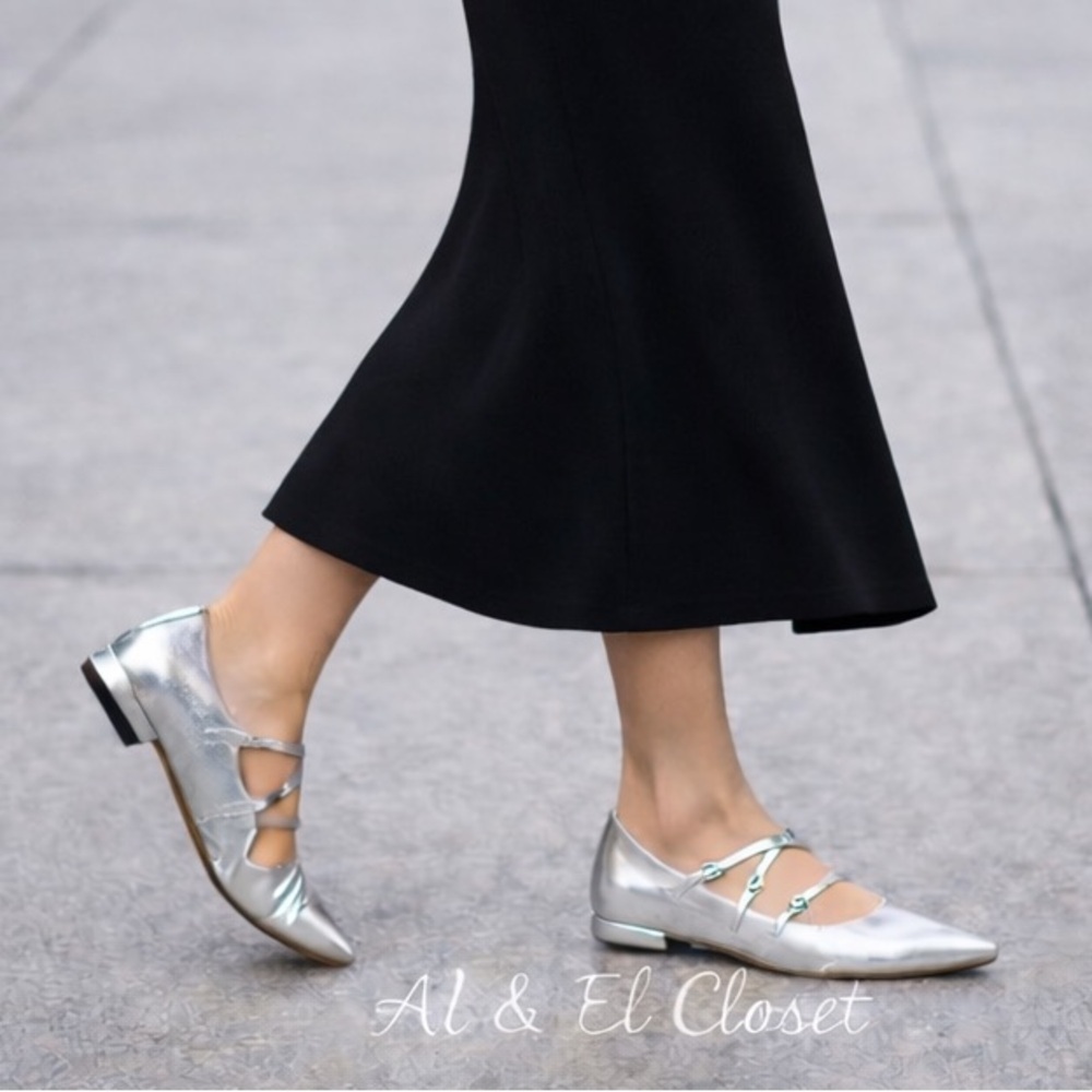 Sam Edelman Cass Silver Leather 3-Strap Pointed Toe Flats Size 6.5 M NWB